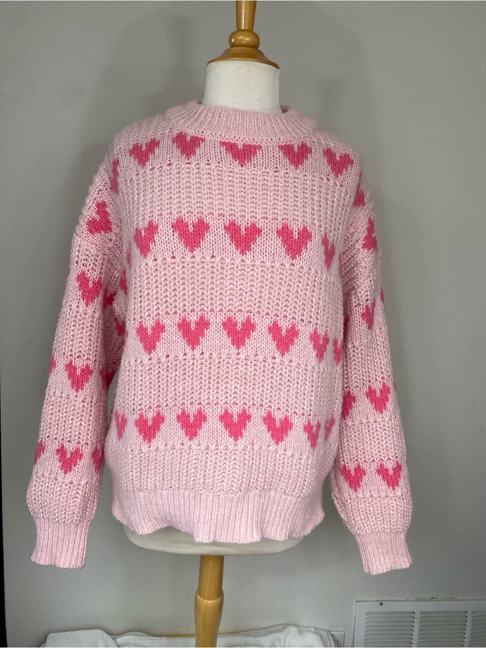 Major Label Group Womens Pink Heart Chunky Knit Sweater Size Large Cottagecore